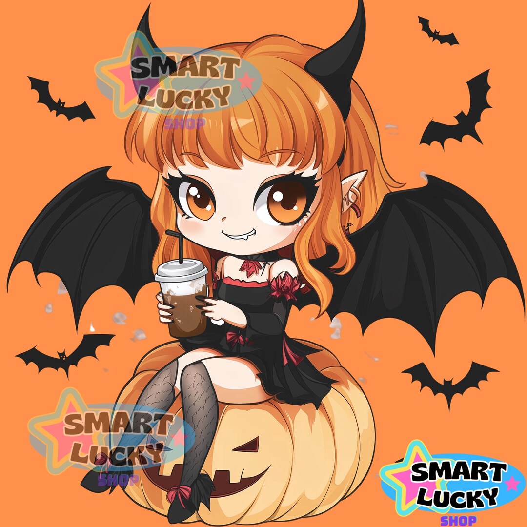 Cute Chibi Vampire Girl Orange Hair Halloween PNG Etsy