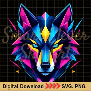 May include: A geometric wolf head illustration featuring vibrant neon blue, pink, and yellow triangular facets against a dark grid background. The text Smart Clever Skull Art is overlaid, and the bottom includes Digital Download SVG PNG.