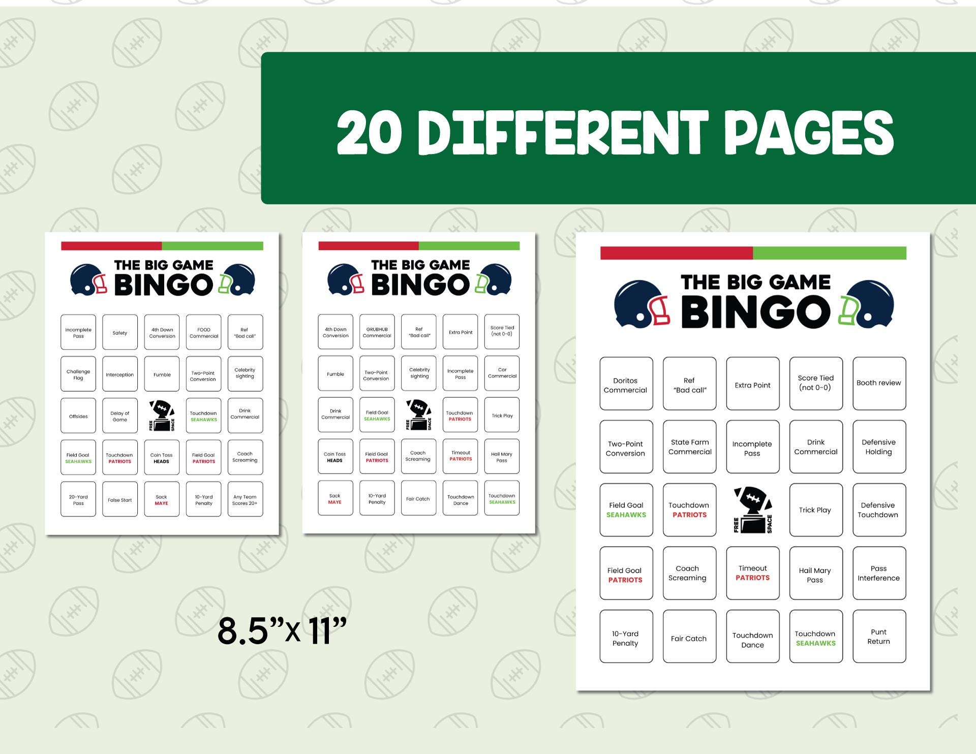 Super BIG GAME 2026 Bingo Cards | Seahawks | Patriots | 20 Unique Cards ...