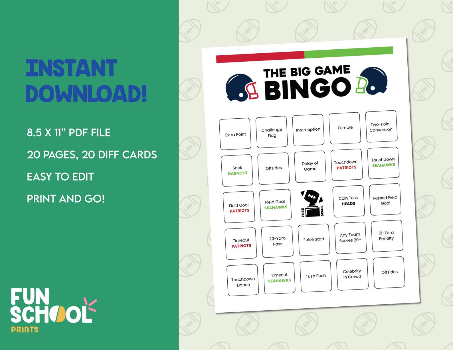 Super BIG GAME 2026 Bingo Cards | Seahawks | Patriots | 20 Unique Cards ...
