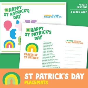 May include: Four St. Patrick's Day themed placemats with a rainbow design. The placemats feature the text "Happy St. Patrick's Day" and "Prayer of St. Patrick".