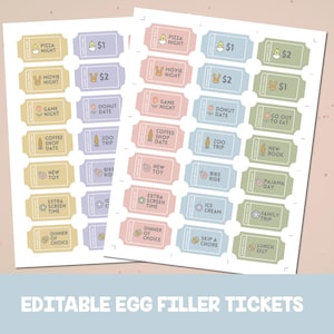 May include: Printable set of 3 sheets of colorful egg filler tickets with various activities and rewards. The tickets are decorated with cute illustrations and have a vintage ticket design.