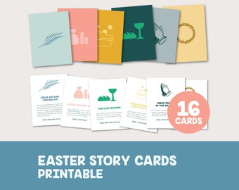 Pode incluir: Cartas de história da Páscoa imprimíveis com 16 cartas com ilustrações e referências bíblicas. Os cartões incluem imagens de um ramo de palma, um saco de dinheiro, pão e uma taça, uma tigela de água, mãos em oração e uma coroa de espinhos.