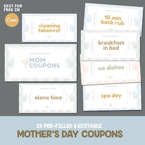 Mother&#39;s Day coupon printable template, Mothers Day Editable Coupons, Mom Coupon Book,  Gift for Mom, Coupon gift for her, Gift from kids