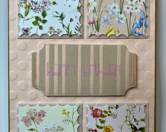 Carte de voeux, anniversaire, Pâques, fait main, motif floral, vélin, avec enveloppe