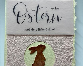 Tarjeta de felicitación, Pascua, Conejo de Pascua, hecho a mano, papel hecho a mano, vitela, rosa/beige claro