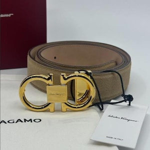 Salvatore Gamo Beige Suede Leather Mens Gold Buckle Belt