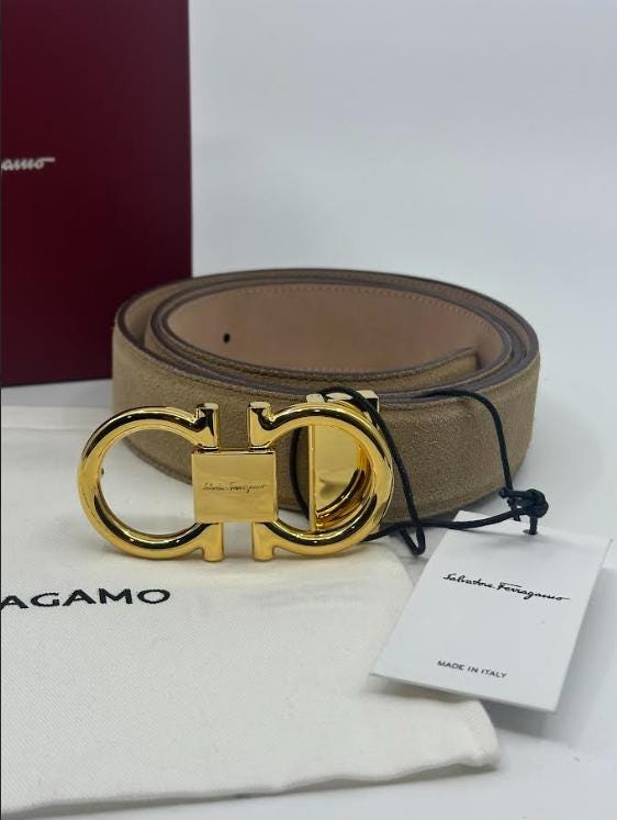 Salvatore Gamo Beige Suede Leather Mens Gold Buckle Belt - Etsy display picture 1