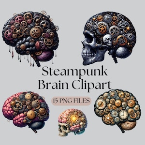 May include: A set of five digital clipart images featuring steampunk-style brains with intricate gears and clockwork designs. The images include a skull with a brain, a brain with a pink and gray color scheme, a brain with a blue and gray color scheme, and two brains with a gold and brown color scheme.