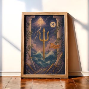 May include: A framed illustration of a golden trident against a stormy sky background. The trident is surrounded by waves and swords. A banner reads "Camp Half-Blood".