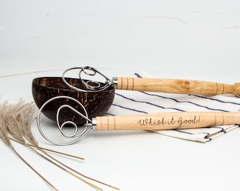 Custom Engraved Danish Dough Whisk, Oak Handle, Baker Gift