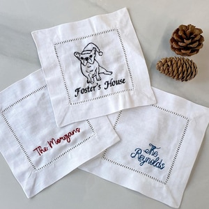 Personalised Embroidered Cocktail Napkins with Family Last Name, Custom Linen Hemstitched Bar Napkins, Housewarming Gift, Hostess Gift