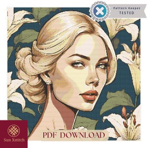 Elegant Lady Cross Stitch Pattern: Portrait with Lilies (PDF Download)