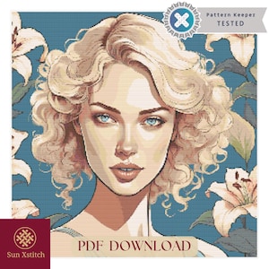 Patrón de punto de cruz contado. Descarga en PDF. Compatible con Pattern Keeper. Gráfico de bordado. Bordado con cara de niña romántica. Michelle G2142