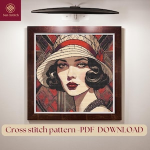Patrón de punto de cruz. Descarga en PDF. Compatible con Pattern Keeper. Gráfico de punto de cruz contado. Proyecto de bordado de retrato de los años 20. Frances - G8211