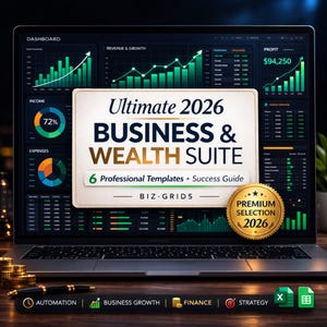 May include: A laptop displaying a business and wealth suite interface. The screen shows charts, graphs, and financial data. The text on the screen reads "Ultimate 2026 Business & Wealth Suite" with a "Premium Selection 2026" badge. Gold coins and a pen are in the foreground.