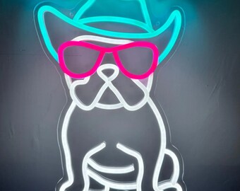 French Bulldog Neon Sign for Wall Decor - Cowboy Frenchie Wearing Glasses - FREE SHIPPING