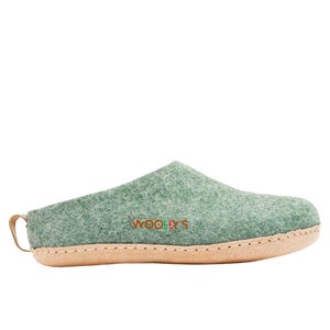Handmade Wool Slippers: Jungle Green Felted Mules, Leather Sole
