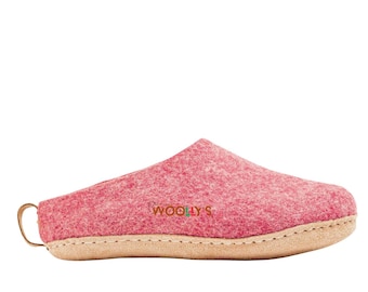Handmade Felted Wool Slippers: Cherry Pink Leather Sole, Unisex