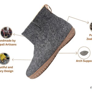 Gray felt ankle boots with a brown rubber sole. The boots are handmade by Nepali artisans using pure New Zealand wool. The boots feature arch support.