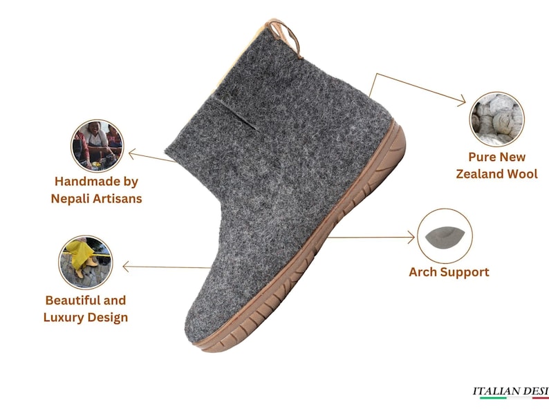 Gray felt ankle boots with a brown rubber sole. The boots are handmade by Nepali artisans using pure New Zealand wool. The boots feature arch support.