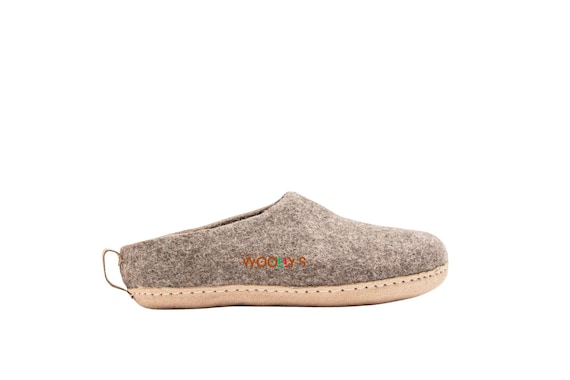 Handmade Wool House Slippers: Natural Brown Leather Sole, Arch Support