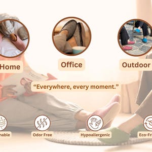 A collage of images showing people wearing wool slippers in different settings, including home, office, and outdoors. The text "Everywhere, every moment." is displayed below the images. The bottom of the image shows four icons representing the features of the slippers: breathable, odor free, hypoallergenic, and eco-friendly.
