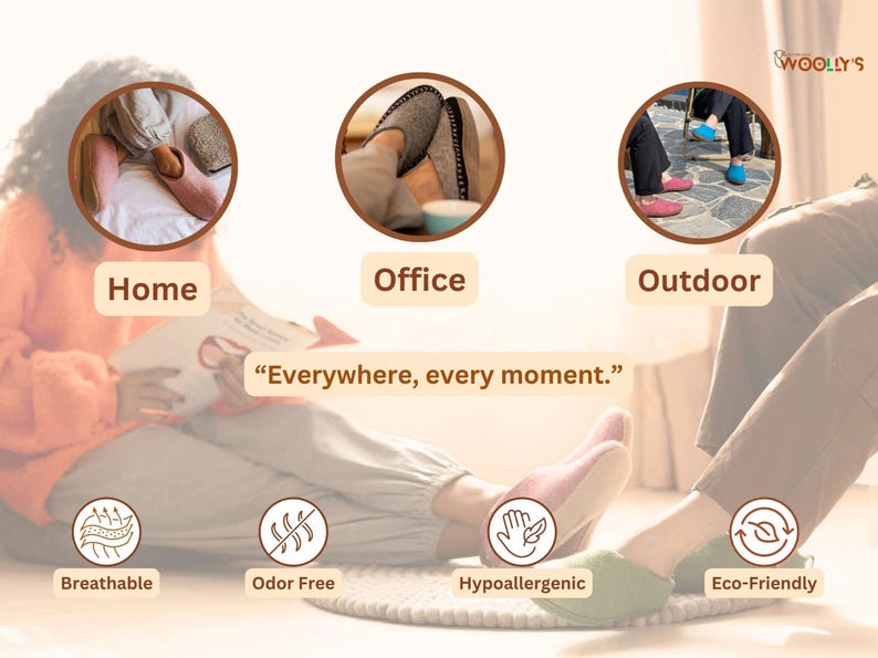 A collage of images showing people wearing wool slippers in different settings, including home, office, and outdoors. The text "Everywhere, every moment." is displayed below the images. The bottom of the image shows four icons representing the features of the slippers: breathable, odor free, hypoallergenic, and eco-friendly.