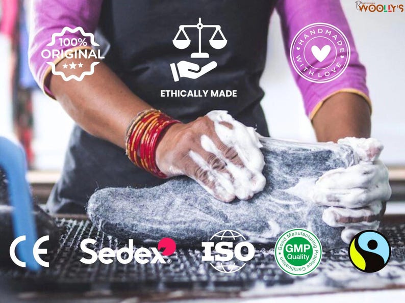 A person washes a gray felt product with soap and water. The product is handmade with love and ethically made. The image includes the text "100% Original", "Ethically Made", "Handmade with Love", "CE", "Sedex", "ISO", "GMP Quality", and "Woolly's".
