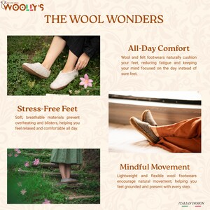 An advertisement for Woolly's wool footwear. The image shows people wearing light gray wool slippers in various outdoor settings. Text on the image highlights features like all-day comfort, stress-free feet, and mindful movement. The design is Italian.