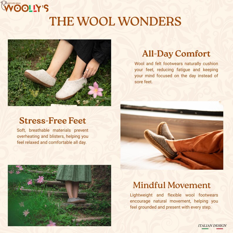 An advertisement for Woolly's wool footwear. The image shows people wearing light gray wool slippers in various outdoor settings. Text on the image highlights features like all-day comfort, stress-free feet, and mindful movement. The design is Italian.
