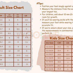 A beige size chart for adult and kids' footwear, with EU, US, and UK sizes, and measurements in centimeters. Includes tips for measuring feet, such as measuring from the wall to the longest toe.
