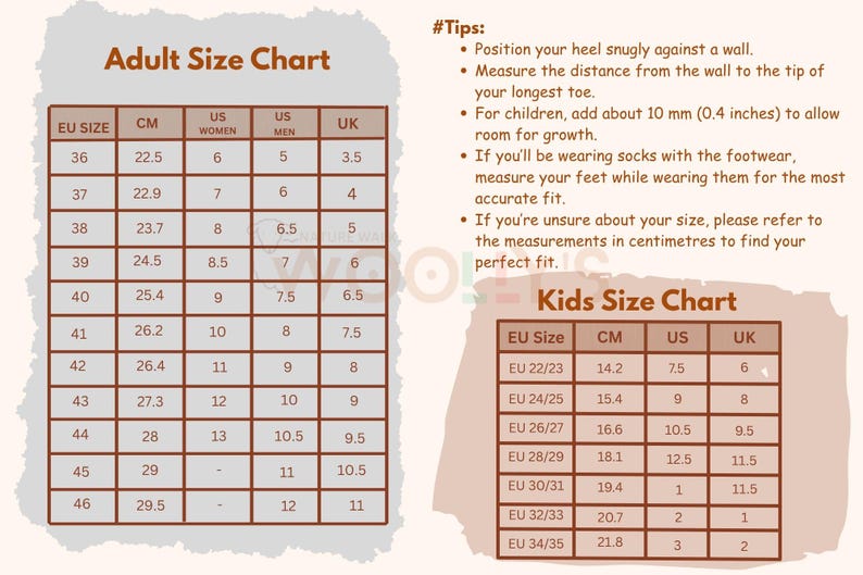 A beige size chart for adult and kids' footwear, with EU, US, and UK sizes, and measurements in centimeters. Includes tips for measuring feet, such as measuring from the wall to the longest toe.