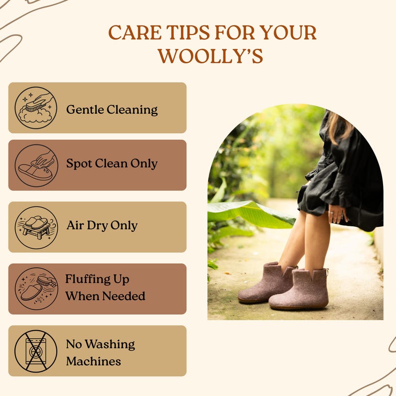 Image with care tips for Woolly's. Text includes: Gentle Cleaning, Spot Clean Only, Air Dry Only, Fluffing Up When Needed, and No Washing Machines. A person is wearing brown wool boots.