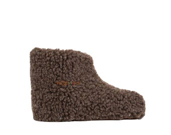 Botas de lana Sherpa hechas a mano en marrón moca: suela de cuero marrón, ecológicas
