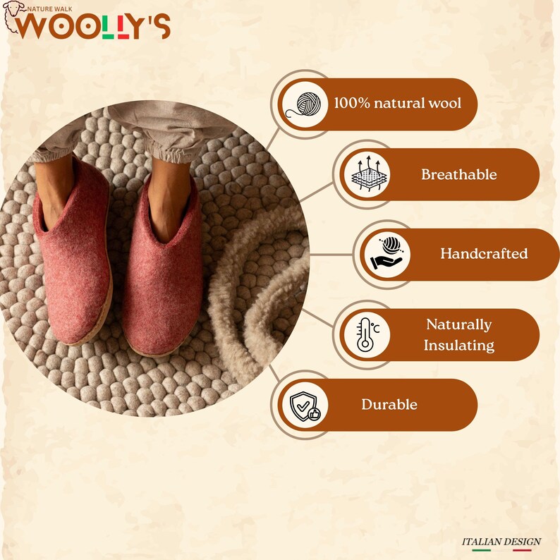 A pair of red wool slippers with a textured design, labeled "Woolly's". The image highlights the slippers' features: 100% natural wool, breathable, handcrafted, naturally insulating, and durable. The slippers are on a textured rug.