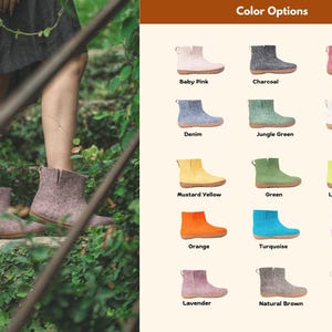 A person wearing Outdoor boots, shown alongside a range of available colors including mustard yellow, jungle green, Turquoise, charcoal, Orange, Fuchsia, denim, natural grey, natural brown, light brown, lavender, cherry pink, and baby pink.