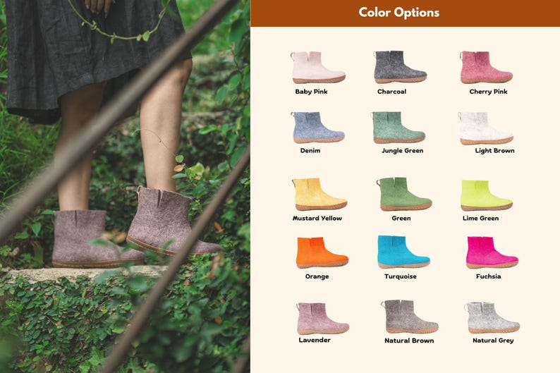 A person wearing Outdoor boots, shown alongside a range of available colors including mustard yellow, jungle green, Turquoise, charcoal, Orange, Fuchsia, denim, natural grey, natural brown, light brown, lavender, cherry pink, and baby pink.