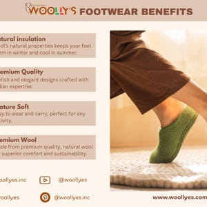 A graphic showing the benefits of wool footwear. The benefits include natural insulation, luxury quality, feather-soft comfort, and premium wool. The graphic also includes a photo of a person wearing green wool slippers.
