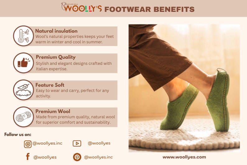 A graphic showing the benefits of wool footwear. The benefits include natural insulation, luxury quality, feather-soft comfort, and premium wool. The graphic also includes a photo of a person wearing green wool slippers.