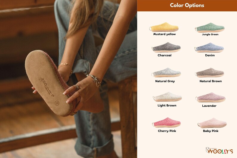 A person wearing indoor slippers, shown alongside a range of available colors including mustard yellow, jungle green, charcoal, denim, natural grey, natural brown, light brown, lavender, cherry pink, and baby pink.