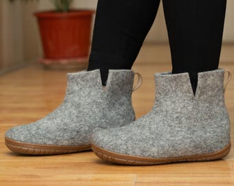 Natural Grey Handmade Outdoor Boots With Rubber Sole - Wool Felted Boots
