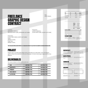 May include: A black and white freelance graphic design contract template. The document includes sections for project details, deliverables, payment terms, confidentiality, client approval, termination, and agreement. The text is in a sans-serif font.