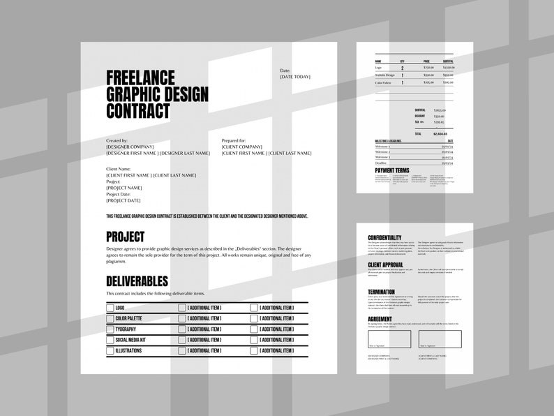 May include: A black and white freelance graphic design contract template. The document includes sections for project details, deliverables, payment terms, confidentiality, client approval, termination, and agreement. The text is in a sans-serif font.