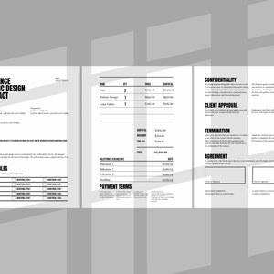 May include: A black and white freelance graphic design contract. The document includes sections for project details, deliverables, payment terms, and client approval. The contract is designed for graphic design services.