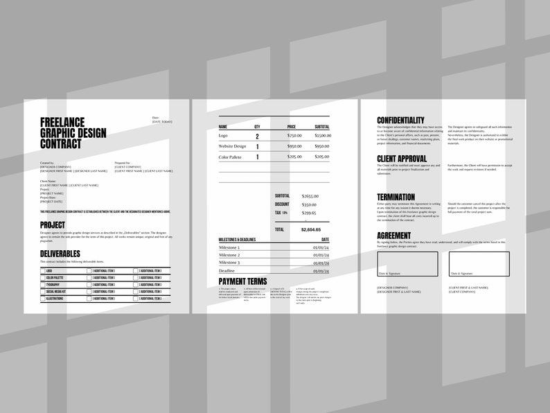 May include: A black and white freelance graphic design contract. The document includes sections for project details, deliverables, payment terms, and client approval. The contract is designed for graphic design services.