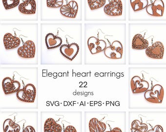 Heart Earrings laser cut files | Heart Earrings SVG - EPS | Love Earrings Glowforge | Valentines Day Jewelry Template Bundle