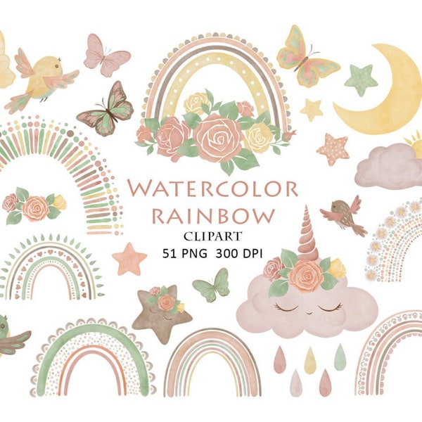 Rainbow watercolor floral boho clipart. 51 neutral watercolor PNG files. Commercial use. For invitations, children's room decor.