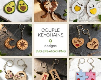 Couple Keychain SVG Bundle – 9 Laser Cut Files for Glowforge, Puzzle, Lock & Key, Mr and Mrs, Digital Download