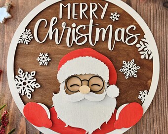 Christmas Door Hanger SVG for Laser Cut | Round Santa Welcome Sign Laser File DXF | Xmas Glowforge Files | Commercial Use Digital Download